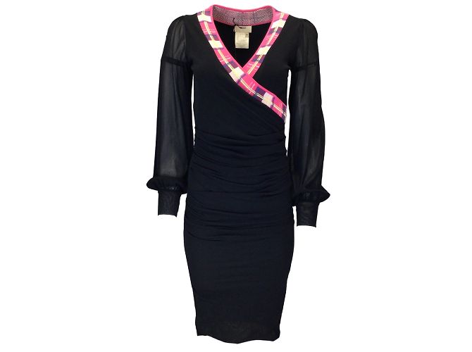 Fuzzi Preto / Vestido midi de malha rosa com mangas compridas e decote em V