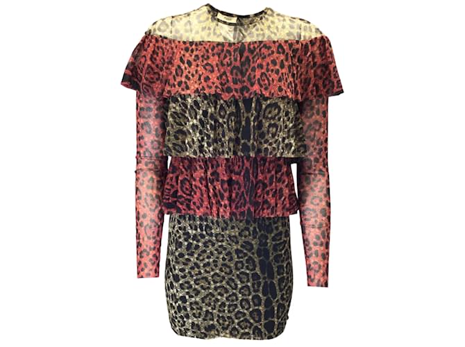 Fuzzi Red Tan Black Leopard Printed Ruffled Long Sleeved Mesh Dress Multiple colors Synthetic ref.1102833 Joli Closet