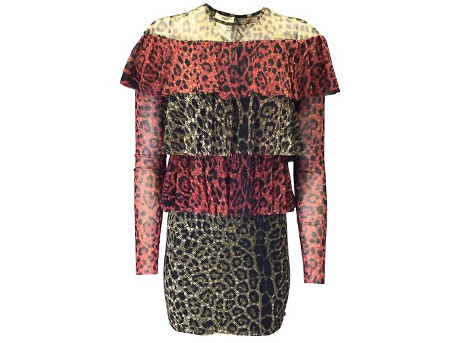 Fuzzi Red / Tan / Black Leopard Printed Ruffled Long Sleeved Mesh Dress