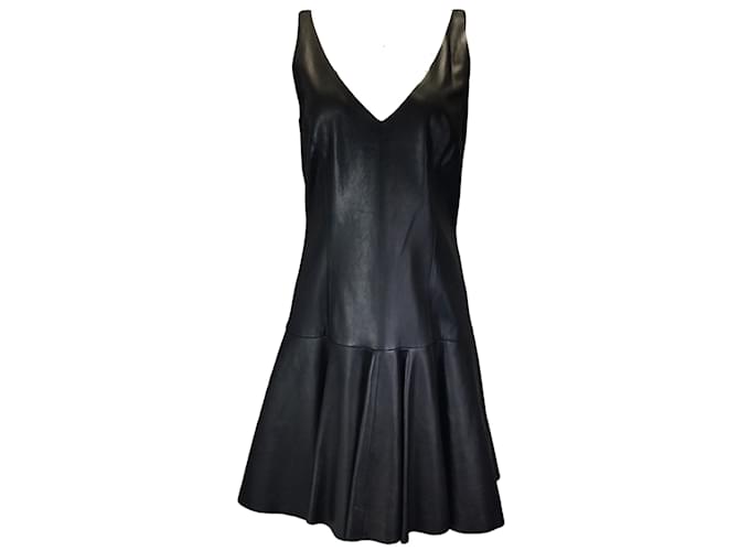 Ralph Lauren Blue Label Black Sleeveless V-Neck Flared Leather Dress  ref.1102835
