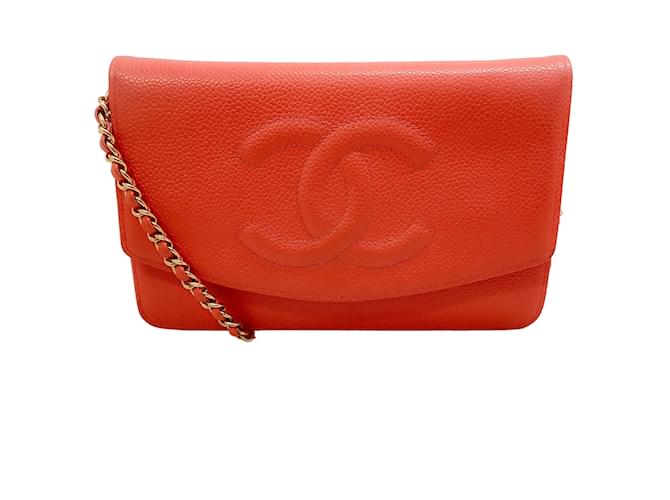 Wallet On Chain Chanel vintage 2003-2004 Cartera Caviar Coral con Cadena Naranja Cuero  ref.1102875