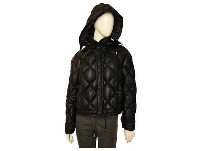 SAINT LAURENT Hooded down diamond-quilted black leather jacket size FR 38 Retails at $6990!!  ref.1102881