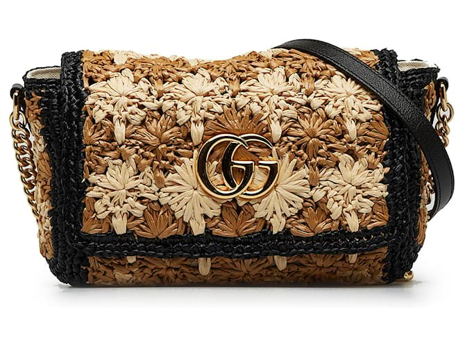 Gucci Brown GG Marmont Raffia Crossbody Bag Black Beige  ref.1103345