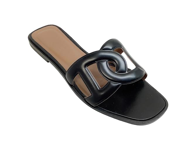 Hermès Aloha Slide-Sandalen aus schwarzem Leder  ref.1104213