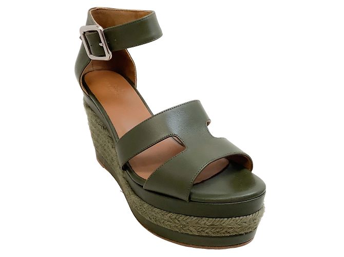 Hermès Hermes Sandales compensées espadrilles vert olive foncé
