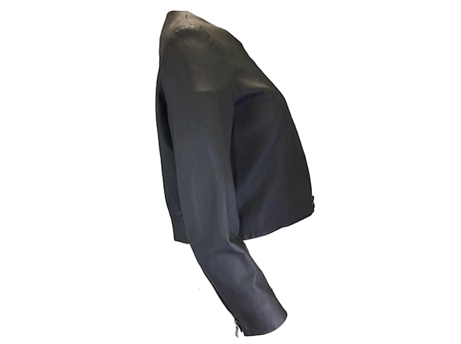 Autre Marque Shari's Place Graphite Cropped Round Neck Full Zip Leather Jacket Grey  ref.1104218