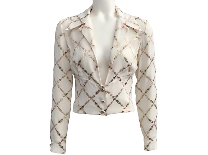 Blusa escotada color marfil de Chanel con bordado de lúrex dorado Crudo Seda  ref.1104223