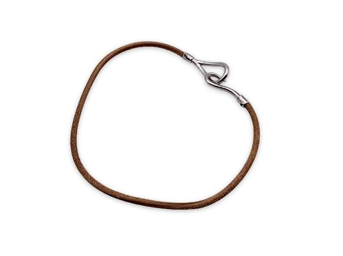 Hermès Hermes Tan Leather lined Tour Silver Metal Jumbo Hook Bracelet Beige  ref.1104398