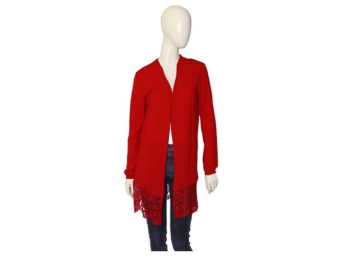 Emilio Pucci Strickjacke aus rotem Schurwollstrick und Spitze mit offener Vorderseite, Cardi, Größe L