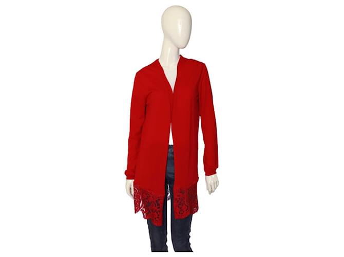 Emilio Pucci Red Virgin Wool Knit & Lace Open front Cardigan Cardi size L  ref.1104694