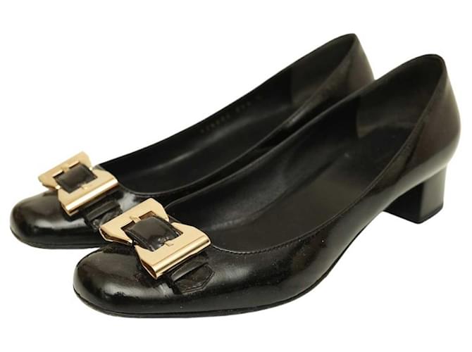Escarpins à talons bas en cuir verni noir Gucci avec boucle à nœud doré Taille des chaussures 37.5 Cuir vernis  ref.1105473