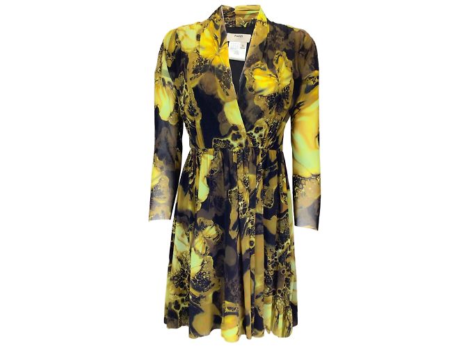 Fuzzi Verde / Vestido midi de malha com estampa preta de manga comprida e decote em V
