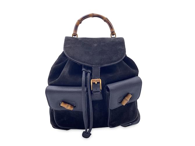 Gucci Vintage Black Suede Leather Bamboo Backpack Shoulder Bag  ref.1105538