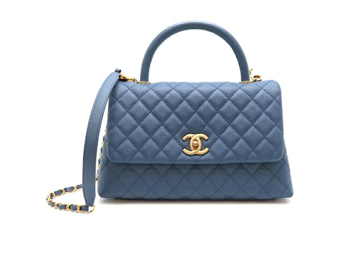 Chanel Bolsa com alça de caviar acolchoada CC A92991 Azul Couro  ref.1105585