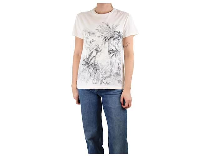 Christian Dior Cremefarbenes T-Shirt mit Blumendruck – Größe L Roh Baumwolle  ref.1105597
