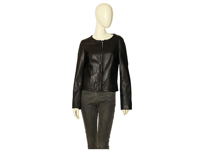 René Lezard Rene Lezard lambskin Ultra Soft Leather Collarless Jacket Size 36 hook eye Black