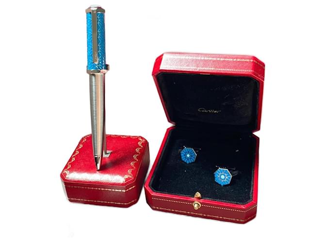 Set dei santoni di Cartier (penna+gemello) Edizione del Medio Oriente Blu Argento  ref.1105870