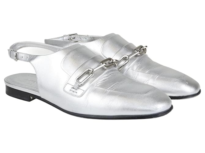Burberry Silver Cheltown Slingback Loafers Sandals Silvery Leather  ref.1105894