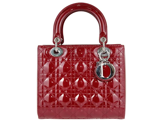 Bolsa Lady Dior Média Cannage Vermelha Vermelho Couro envernizado  ref.1105899