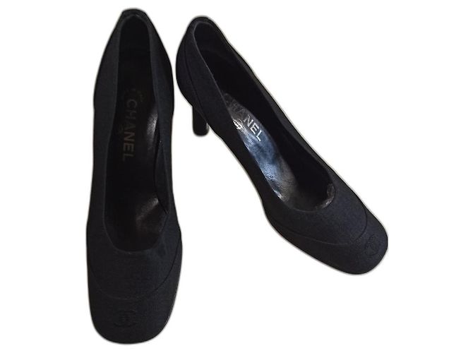 Chanel Black Leather Pumps with CC Embroidery