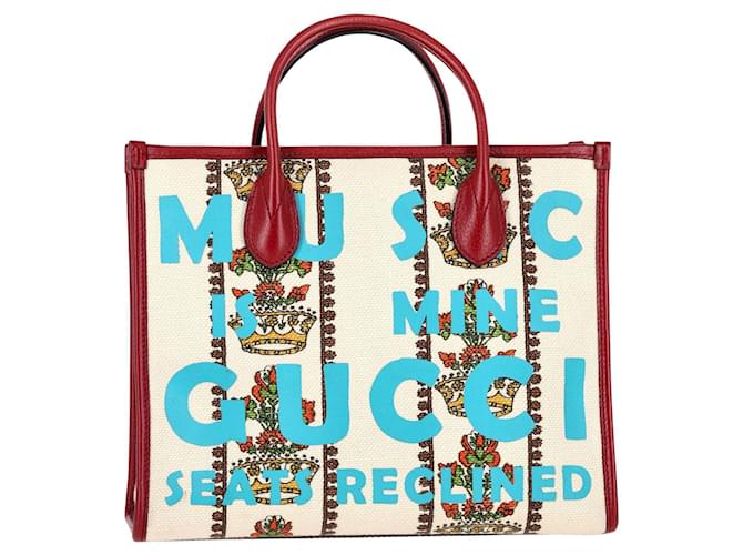 gucci 100 Centennial Music Tote Bag Small in Beige Canvas and Red Leather Cloth  ref.1106106