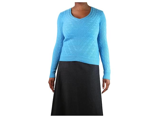 Ralph Lauren Bright blue cable knit v-neck sweater - size M Cashmere  ref.1106240