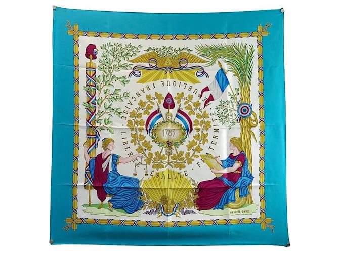 Hermès Hermes scarf 1789 FREEDOM EQUALITY FRATERNITY SILK TURQUOISE SQUARE SCARF  ref.1106789