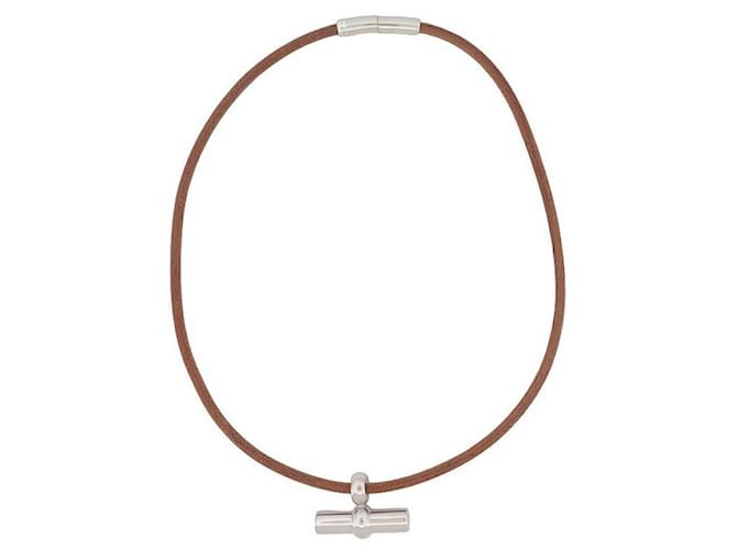Hermès HERMES MAMBO NECKLACE IN BROWN LEATHER & PALLADIAN STEEL 42 CM LEATHER NECKLACE  ref.1106809