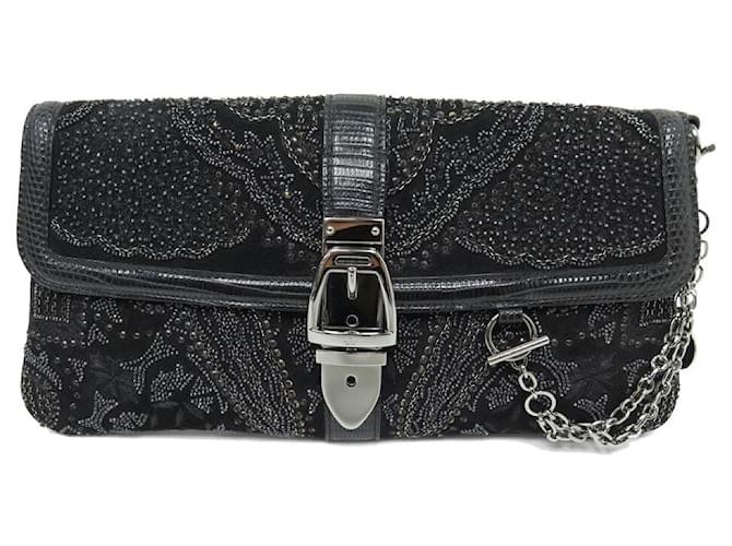 GUCCI POUCH HANDBAG 150972 IN LIZARD LEATHER EMBROIDERED BEADS BLACK CLUTCH  ref.1106820