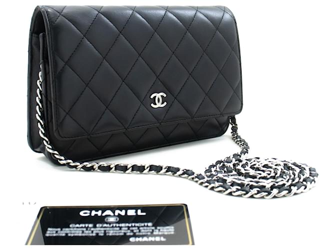 Wallet On Chain CHANEL Cartera clásica negra con cadena Bolso de hombro WOC Piel de cordero Negro Cuero  ref.1107911