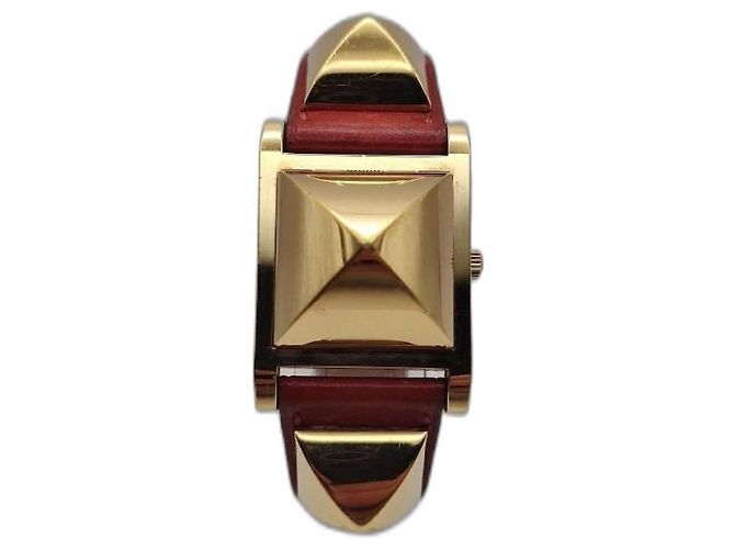 Relógio Hermès Médor banhado a ouro com pulseira de couro Branco