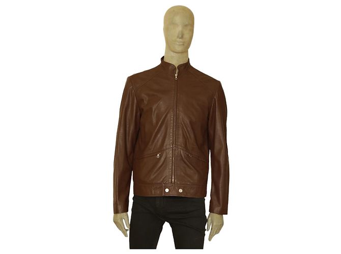 Iceberg Brown leather Zipper Front Classic Men Leather Jacket size 50