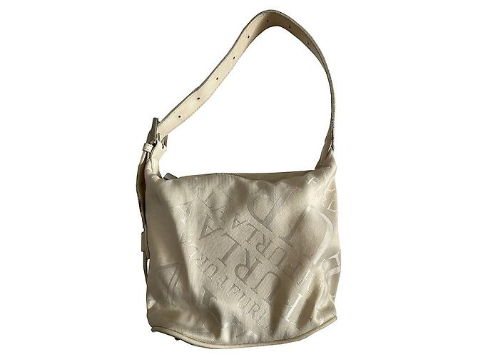 Bolsa Furla em tecido com logo e couro creme