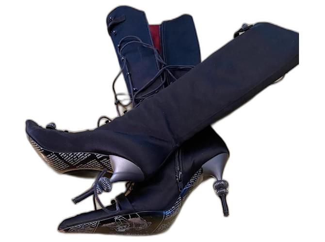 John Galliano Boots Black Dark red Cloth  ref.1109183