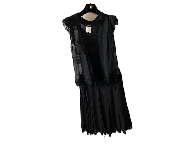 Cambon Chanel Falda elegante, top y camisa Negro Seda Cachemira  ref.1109187