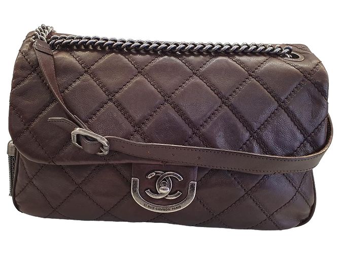 Bolsa de ombro Chanel Easy Flap couro de bezerro marrom