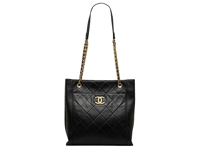 Bolso shopper Chanel CC negro con bolsillo frontal en piel de becerro Cuero  ref.1109434