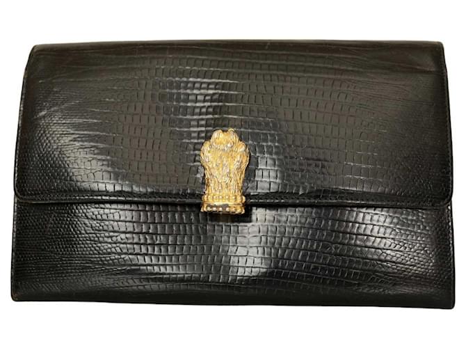Gianfranco Ferré Gianfranco Ferre Black Lizard Leather Flap Top Clutch Bag Goldtone Lion Paw Exotic leather  ref.1109824