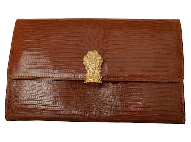 Gianfranco Ferré Gianfranco Ferre Brown Lizard Leather Flap Top Clutch Bag Goldtone Lion Paw Light brown Exotic leather  ref.1109842
