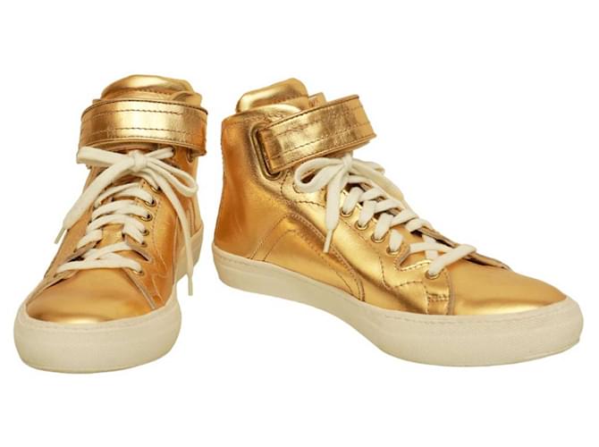 Pierre Hardy  Gold Leather Sneakers High Top Lace Up Strap Trainers Shoes 40 Golden  ref.1109916