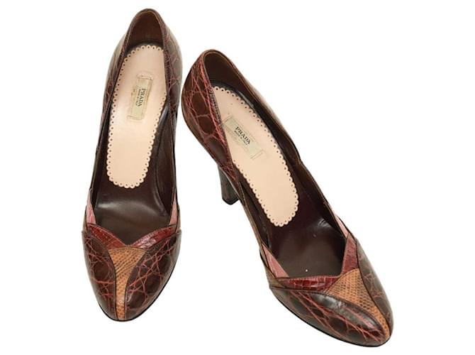 Prada Burgundy Brown Reptile Embossed Leather Round Toe Pumps Heels Shoes 37  ref.1109928