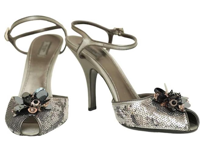 PRADA Silver Leather & Sequins Peep Toe Strappy Sandals Heels Shoes - Sz 39.5 Silvery  ref.1109952