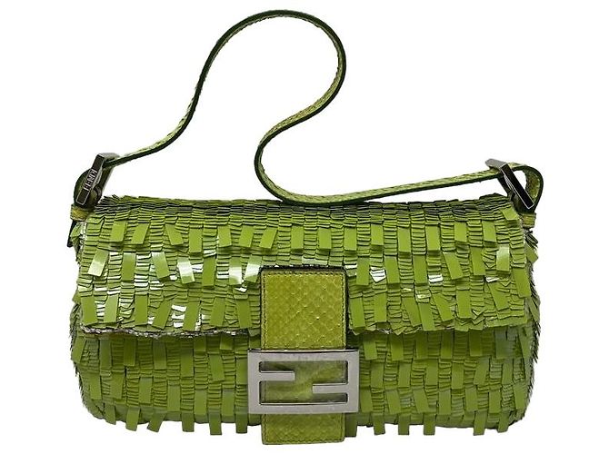 Fendi Baguette Python Leather and Sequins Bag Light Green
