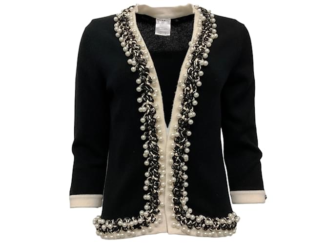 Maglione cardigan aperto Chanel in cashmere nero con perle Cachemire  ref.1110509