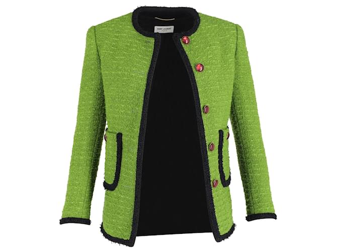 Saint Laurent Contrast-Piping Jacket in Wool Tweed Green  ref.1110545