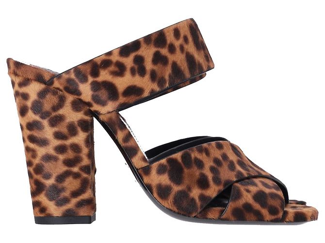 Saint Laurent Leopard-Print Block Heel Mules in Brown Pony-style Leather