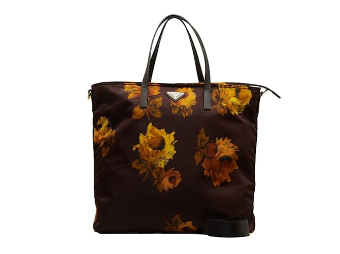 Prada Tessuto Stampato Sunflower Tote Bag Brown Cloth  ref.1111152