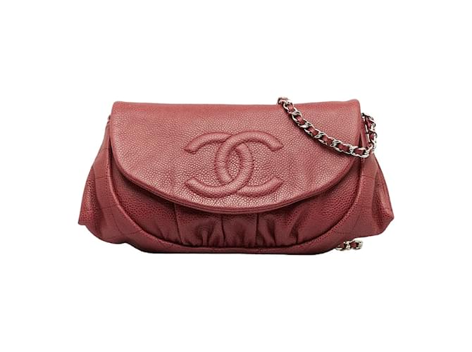 Chanel CC Caviar Half Moon Flap Crossbody Bag Red Leather  ref.1111161