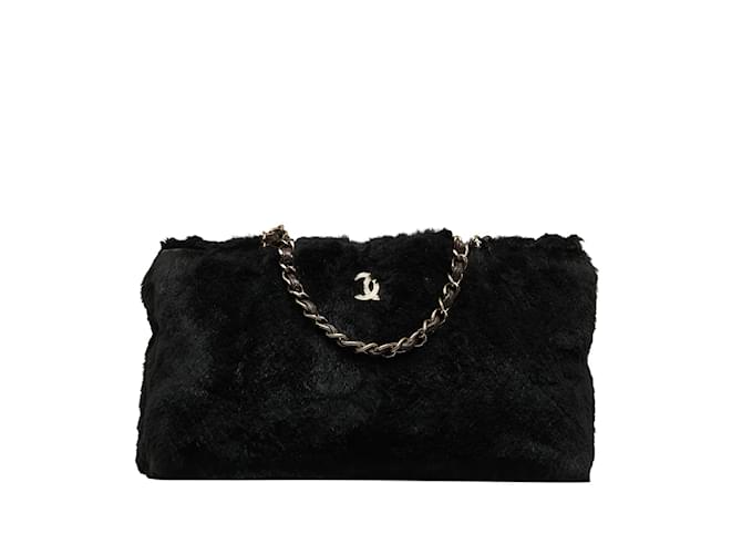 Chanel Sac à bandoulière avec chaîne en fourrure CC Cuir Noir  ref.1111188