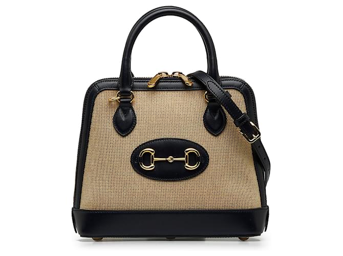 Gucci Brown Small Horsebit 1955 Canvas Top Handle Black Beige Leather Cloth Pony-style calfskin Cloth  ref.1098557